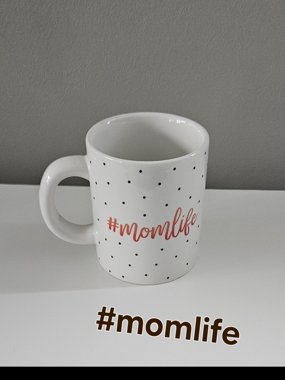 Pearhead White Mug with Pink Script and Black Polka Dots